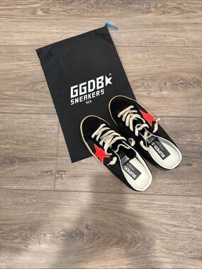 Golden Goose (Barely Worn) Slip On Black Suede w/ Glitter Sneakers w/ Red Star